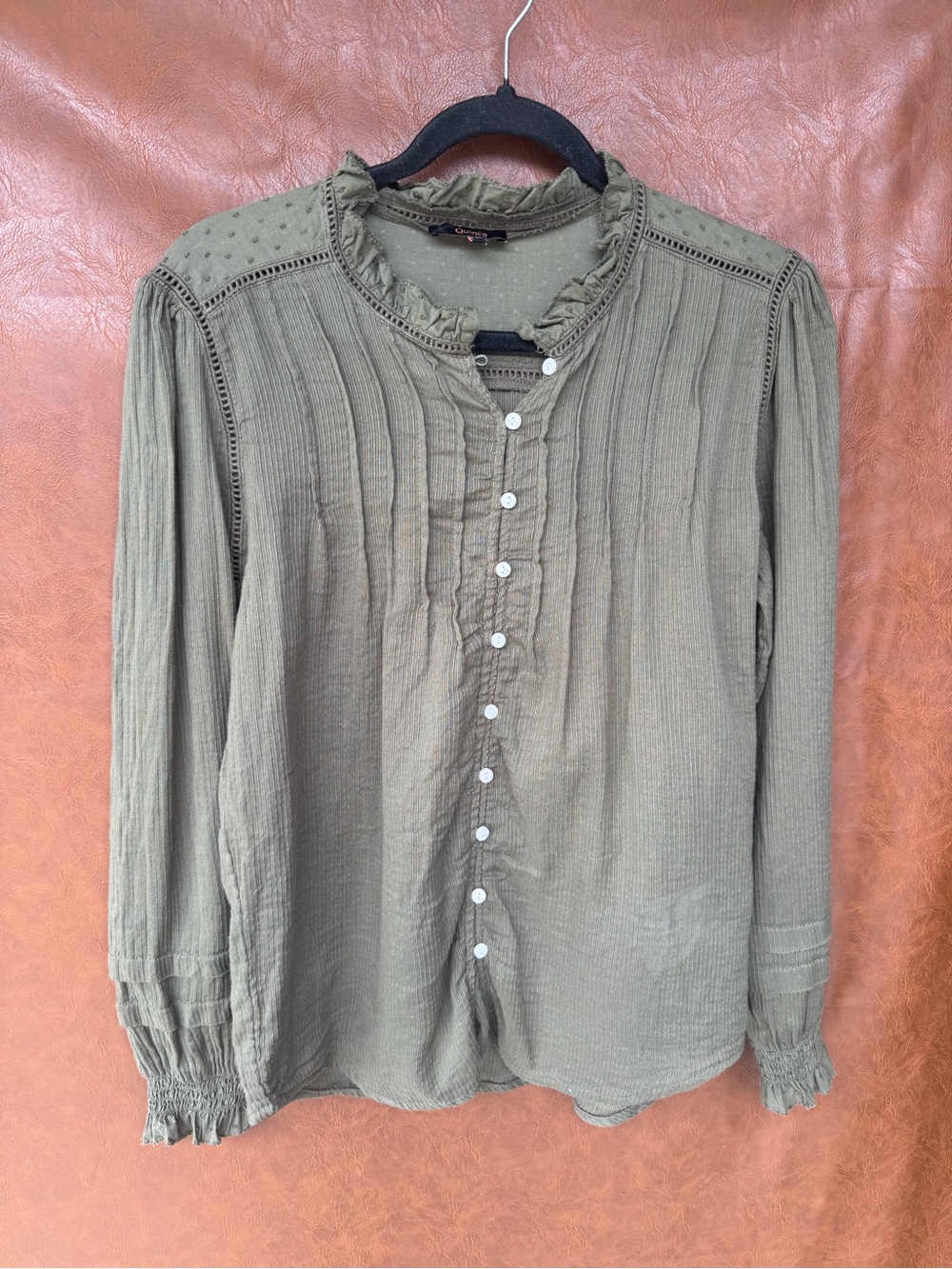 Quince Women’s Small Olive Green Organic Cotton Pintuck Ruffle Blouse Boho